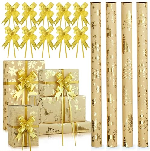 AhfuLife 4 Rolle Weihnachtsgeschenkpapier Kraft Gold, 43cm x 3M Goldgeprägte Kraft Weihnachts Geschenkpapier mit 10 Schleifenband, Geschenkpapierrolle für Weihnachtsgeschenke Verpacken