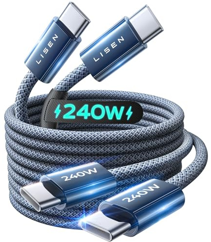 LISEN 240W USB C to USB C Cable [2-Pack 2m] USB C Charger Cable, Nylon Type C Charger Cable Fast Charging for iPhone 17 16 15 Pro Max, MacBook Pro/Air, iPad Pro, Galaxy S25 S24, Switch 2, Steam Deck