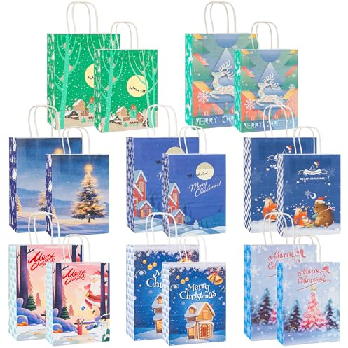 Geschenktüten Weihnachten, 16 Stück Mittel Klein Weihnachtstüten Papiertüten mit Griff, Weihnachts Kraft Geschenktaschen, Zur Aufbewahrung von Geschenken, Partyzubehör Süßigkeiten, Kekse,Geburtstag