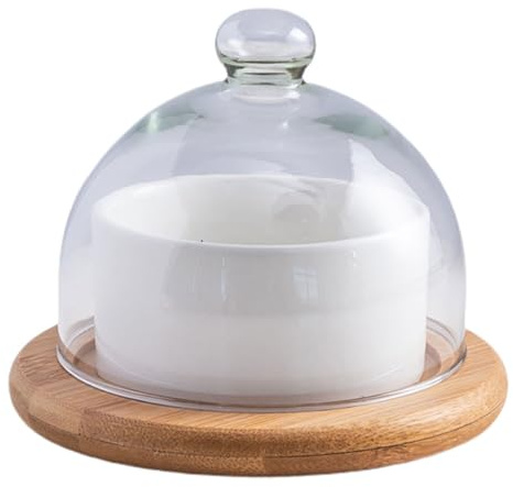 Angoily Bol à Pâtisserie en Céramique avec Couvercle Bol à Soufflé et Dessert 350 Ml Présentoir à Desserts Cuisine Plateau de Service en Bois Inclus Ensemble Vaisselle Pratique et