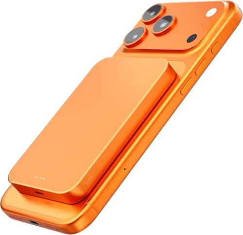 Kstime Magnetische Powerbank, 10000 mAh, 14 mm, ultradünnes Titan-Design, PD20W, kabelloses tragbares Ladegerät mit USB-C-Eingang und Ausgang, kompatibel mit iPhone 17/16/15/14/13/12 Serie (Orange)