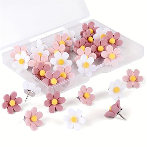 30 Stück Blumige Pinnnadeln,Dekorative Reißzwecken, Bunte Reißzwecken,Pins für Pinnwand,Push Pins, Reissnägel für Pinnwand Korktafel Fotowand Büro Schule Haus(Weiß/Pink/Dunkelpink)