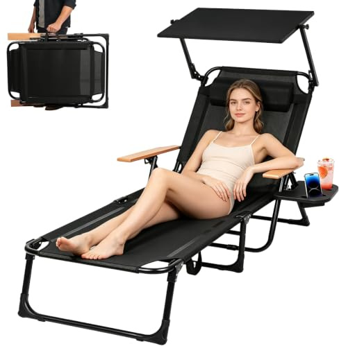 Cozykimo Sonnenliege Klappbar mit Dach, Gartenliege Klappbar Liegestuhl Verstellbarer Rückenlehne, mit Holzarmlehnen, Campingliege Faltbar, für Balkon, Terrasse, Camping, Strandliege Leicht (Schwarz)