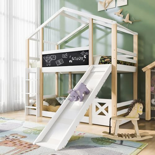 NuvlaGu Kinder Hochbett Baumhaus 90x200 cm mit Rutsche & Leiter, Hausbett aus Massivholz mit Rausfallschutz & Tafel, inkl. 2 Lattenroste, Natur/Weiß (Ohne Matratze)(White-2)