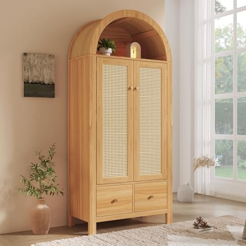 Kebnor Kleiderschrank 181x78x45 cm mit Rattan-Flechten, Landhausstil in Eicheoptik, offene halbrunde Ablage, 2 Türen mit Magnetverschluss, 2 Schubladen, Kleiderstange und Kippsicherung