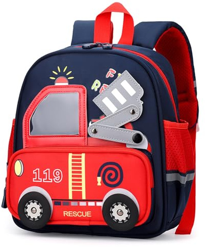 PROTAURI Kindergartenrucksack Jungen 2-6 Jahre 10.6L DLK, Marineblau | mit Brustgurt reflektierend wasserabweisend leicht atmungsaktiv ergonomisch DIN A4 Feuerwehrauto