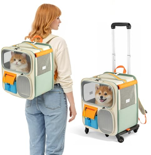 Toemics 2 in 1 Haustier Rucksack mit Rollen Faltbare Transporttasche für Katze und Hund Trolley Tragetasche aus Oxford Gewebe mit abnehmbarem Teleskopgriff bis 12.5 kg