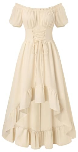 SCARLET DARKNESS Women's Off Shoulder Renaissance Dress Medieval Costume | Puff Sleeve | Lace Up Waist | Smocked Back | High Low Hem | Hidden Zipper | Side Pockets | Corset | Gothic | Pirate | Vintage