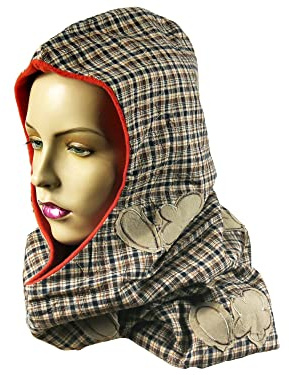 Zweilagiger Kapuzenschal/Kapuzenloop aus Baumwolle-Mischstoff in Beige mit kleinem Plaid-Muster in Braun und Schwarz und aus Fleece in Orange