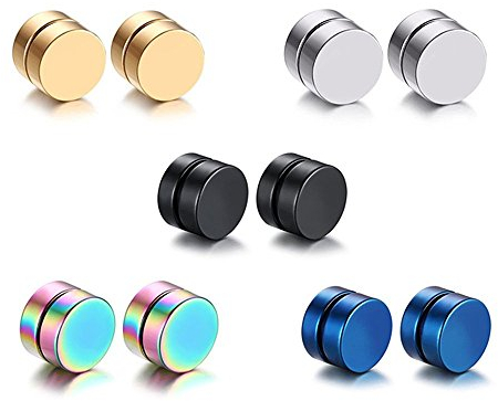 Epoch World 5 Paare Set Edelstahl Magnet Ohrringe für Herren Damen Rund Ohrringe Clips Tunnel 8mm Silber Schwarz Gold Blau Bunt