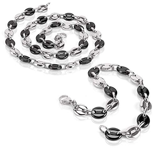 AURSTORE Parure Bracelet ET Chaine Homme Acier INOX Massif Grain DEà café Taille Couleurs AU Choix (7mm, Argenté-Noir)