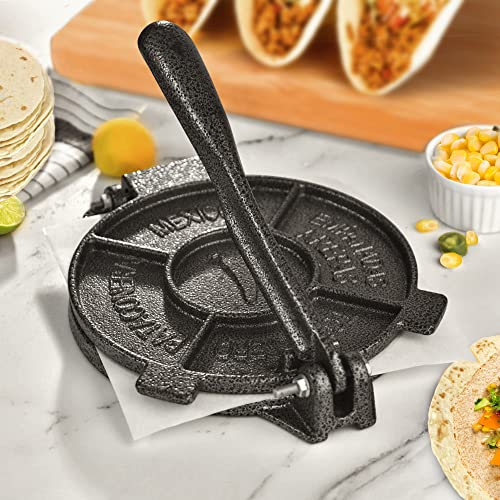 ARC Tortilla-Presse, 20,3 cm, inklusive 100 Stück Pergamentpapier, Gusseisen, Tortilla-Maker, robuste Tortillera-Pataconera, Mehl-Tortilla-Presse, Roti-Maker, Taco-Maker, Taco-Press, Schwarzgrau