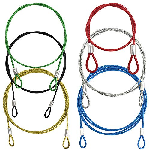 YuCool 6 Pack Security Steel Cable, 2MM Safety Cable Lock, Security Cable, Dia Security Wire Rope with Double Loop for Stage Lighting Luggage Lock/Outdoor Doors/Photo Frames