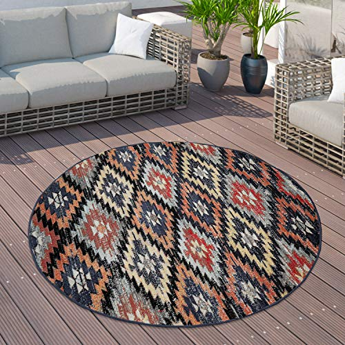 Paco Home Outdoor-Teppich Für Balkon, Kurzflor Mit Orient-Design, versch. Farben u. Größen, Grösse:200 cm Rund, Farbe:Bunt