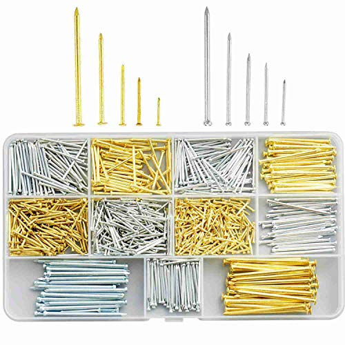 Litorange 900 pezzi di chiodi in acciaio, 10 misure di chiodi per cemento (13-35 mm), chiodi a testa tonda placcati in rame e chiodi senza testa placcati in zinco per pareti, Mobili