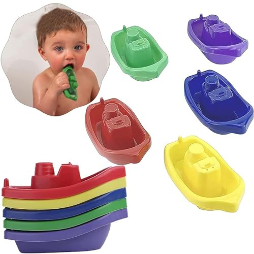 5 x Kinder-Badeschiffe, 9,7 cm, buntes Baby-Badespielzeug, schwimmende Badeboote, Spielzeug, Kinder- und Baby-Badezeit, stapelbare Boote, Piratenschiff-Spielzeug, lustige Aktivität, weiches