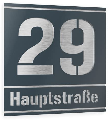 Graviers Design Hausnummernschild aus V2A Edelstahl 380x380mm - Anthrazit RAL 7016 - Wetterfest Rostfrei Individuell anpassbar nach eigener Nummer Straße - Made in Germany