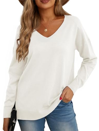 GRECERELLE Women's V Neck Knit Jumper Lightweight Long Sleeve Everyday Tops | Casual Soft Pullover Sweatshirt, Classic Plain Design Blouse T-Shirt, for Winter Fall Spring