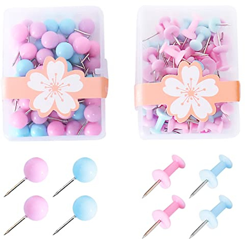 Mecmbj Heftzwecken Pinnadeln Rundkopf Pinnadeln Diabolo-Form mit Kunststoffköpfen und Stahlspitzen zum Kartenzeichnen Wandkartenfotos Cork Schwarzes Brett Dekoratives Büro (Blau, Pink) - 100 Stücke