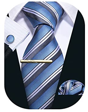 Barry.Wang Herren Seiden-Geschäftskrawatten mit Taschentuch Manschettenknopf-Streifen Plaid-Krawatten-Set Feierliche Hochzeit