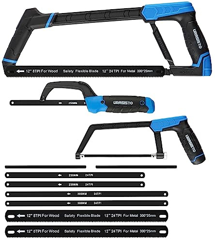 URASISTO Hacksaw Frame Set, 12“ Hacksaw Frame, 6'' Hacksaw Frame and 10'' Mini Hacksaw, Including 8pc Extra Blades Multi-function for Metal Wood PVC Pipes