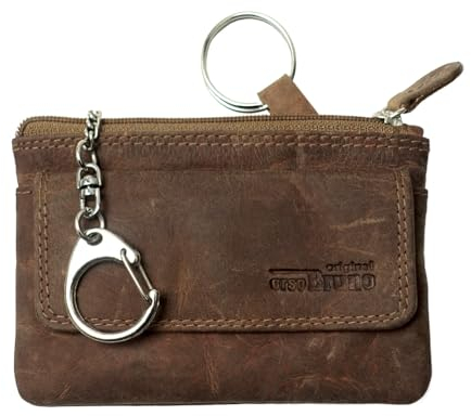 Schlüsseltasche Leder braun Schlüsseletui Leder Schlüsselmäppchen Büffel braun für Damen und Herren + Karabiner und 2 Schlüsselringe + Münzfach