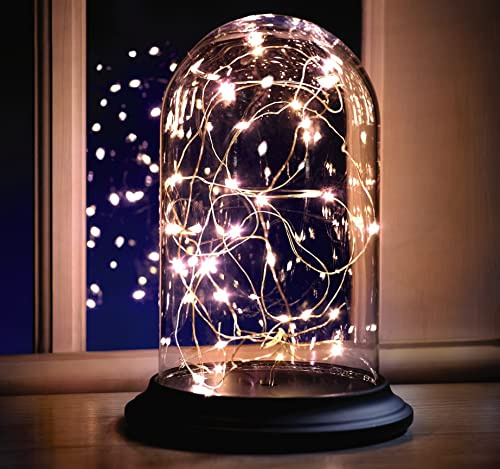 mysmartbuy.com LED Bell Jar Light – 23cm Battery Powered Glass Dome Cloche Ornament with Warm Yellow LED Fairy String Lights – Indoor Home Tabletop Centrepiece Windowsill Bedside Lamp Decor