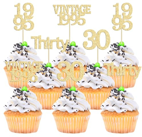 Gyufise 24Pcs Happy 30th Birthday Cupcake Toppers Glitter Thirty 30 Fabulous Vintage 1995 Cupcake Picks for 30th Birthday Wedding Anniversary Party Cake Decorations Supplies Gold