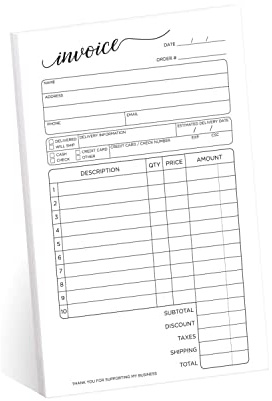Stylish Script Small 2-Part Carbonless Invoice Form Pad / 50 Sheets / 3.4 x 5.5 Carbon Copy Purchase Order Sales Receipt Book/Made in The USA