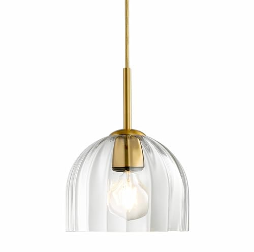 Lighten Chance Modern Pendant Light Kitchen Island, Nordic Boho Dome Chandelier, 7.86 Bell Lamp Shape Hanging Ceiling Lighting Fixture with Clear Striped Glass Lampshade Dining Room
