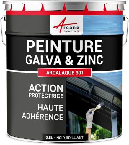 Peinture Galva Zinc Antirouille - ARCALAQUE 301 0.5 L Noir Brillant | Protège de la Corrosion, Résiste aux Uv et Intempéries, Bonne Accroche sur Zinc et Galva, Séchage Rapide - Arcane Industries