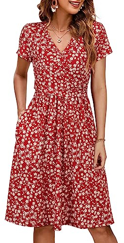 OUGES Maternity Nursing Dress Breastfeeding Short Sleeve V Neck Casual Pregnancy Postpartum Baby Shower Dress Pockets(Floral F,M)