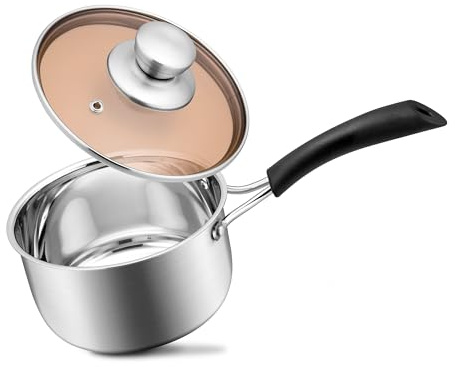 1 Quarts 18/10 Stainless Steel Saucepan, Joyfair Small Sauce Pan Milk Pot with Glass Lid for Cooking Stewing Boiling Spaghetti Soup, Extra Pan Wall & Heat-proof Bakelite Handle, Dishwasher Safe
