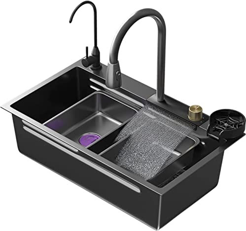 Spüle Home Küchenspülen Schwarzer Wasserfall-Küchenspüle Flying Rain Drop-in-Utility-Spüle Edelstahl-Unterbauspüle mit herausziehbarem Wasserhahn Tassenwascher Schneidebrett,