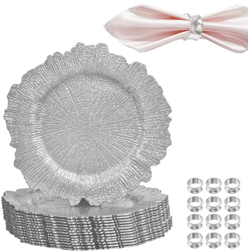 WedDecor 13-Inch Silver Vintage Glass Charger Plates Set of 12 with and Hammered Design Napkin Rings for Weddings, Parties, Events, and Table Decorations