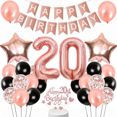 Conruich Geburtstagsdeko 20 Jahre - Luftballon, Rosegold Tortendeko, Happy Birthday Banner für Frauen Männer Party Dekoration