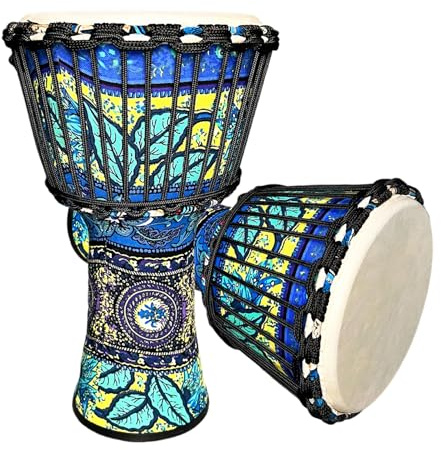RUOSWTE Djembe Drum Bongo Drum Percussion Musik Schaffell Drum Face Professionelle Stimmung Westafrikanischer Stil Handtrommel Das Geschenk für Anfänger (Blaue Blätter)