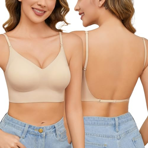 Niwicee Low Back Bra for Women Seamless Bras Deep V Shaped Plunge Backless Bra Multiway Strap Convertible Halter Bra Wirefree with Padding Removeable(Skin,L)