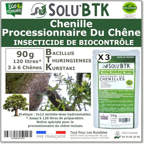 SoluBTK | Chenilles Processionnaires du Chêne |90 g Insecticide Bacillus Thuringiensys | Utilisable en Agriculture Biologique | Pour 2 à 6 Chênes