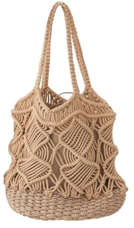 YMYL Borsa da donna in corda di cotone all'uncinetto, borsa estiva intrecciata a mano Boho con coulisse borsa da spiaggia borse a tracolla per vacanze, viaggi, picnic all'aperto