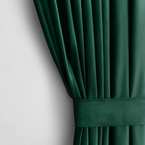 RESTILO Set Vorhang H 245 x B 140 cm mit Raffhalter 54 x 10 cm Optik Velvet | Flaschengrün 1 St. Kräuselband Wellenband Samt Halbverdunkelungsvorhang Fensterdekoration Dekoschal Dekorvorhang