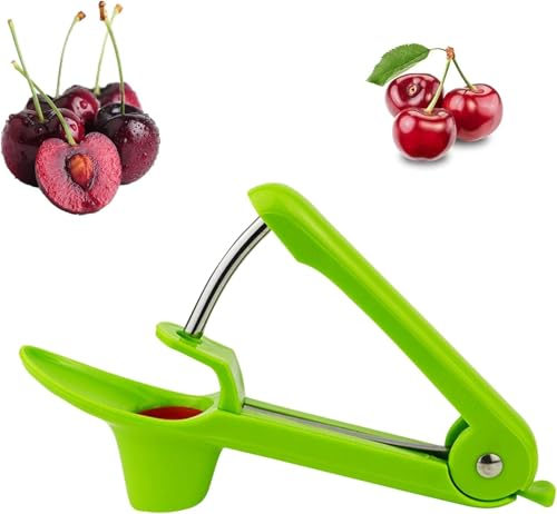 Deshuesador de cerezas, removedor de huesos de cereza, acero inoxidable, descorazonador de aceitunas, deshuesador de cerezas, deshuesador de frutas, cereza, fruta, color verde