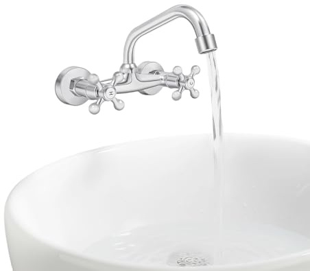 HauTour Wasserhahn Wandmontage Messing Zweigriff Nostalgie 180° Drehregler Waschtisch Armatur Kalt und Heiß Wasserhahn für Waschbecken Badinstallationen Verchromt Silber