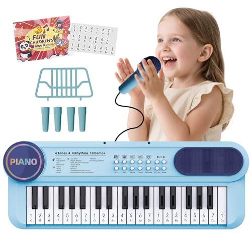 Teclado Piano Electrónico Azul 37 Teclas para Niños de 2 a 6 Años | Instrumento Musical Portátil con Micrófono, Juguete Educativo para Niños y Niñas, Regalo de Cumpleaños y Navidad