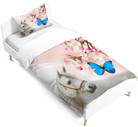 JEFFEL Juego de ropa de cama infantil de 135 x 200 cm, ropa de cama infantil, diseño de animales en 3D, microfibra, muy suave, juego con funda nórdica y funda de almohada (caballo 7, 120 x 150 cm)
