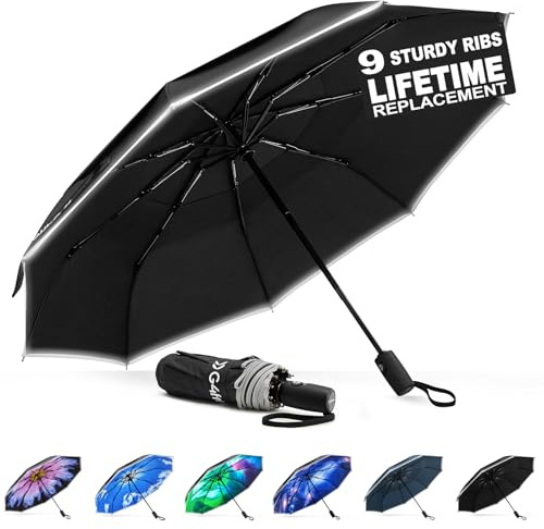 G4Free 42 Inch Eco Windproof Folding Umbrella for Rain & Sun 9 Ribs Wind Resistant Strong Fiberglass Double Canopy with Reflective Strip for Women Men Auto Open Close For Car & Backpack