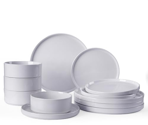 Richmount Nebula Geschirrset 4 Personen, 12-teiliges Teller Set und das Schüsselset, Sprenkel Steingut Geschirr Set, Tafelservice, Mikrowellen- & Spülmaschinenfest, Hellgrau