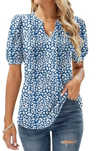 EFFAN Blus damer kortärmade t-shirts V-ringade blommor veckad tunika sommartoppar lös ledig långtröja .., Blommor_mörkblå, M