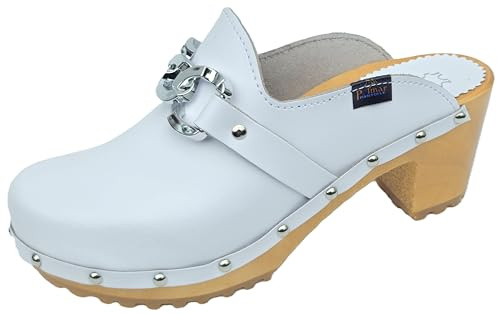 Moderne High Heels Holz Clogs Holz Pantolette Gr.36-37-38-39-40-41 Glattleder Rinds Leder, Schwarz oder Weiß (Weiß, EU Schuhgrößensystem, Erwachsene, Damen, Numerisch, M, 38)