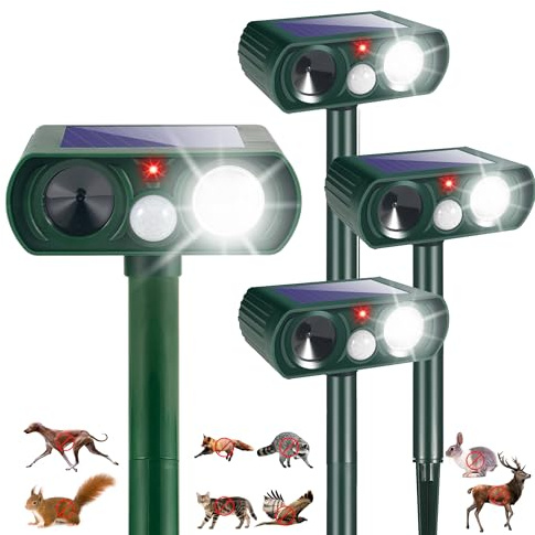 Solar Animal Repellent,4 Pack Ultrasonic Animal Repeller Outdoor with Motion Sensor & Flashing Light,Animal Deterrent Devices Cat,Squirrel,Deer,Dog,Raccoon,Skunk,Rabbit Repellent for Yard Garden Lawn